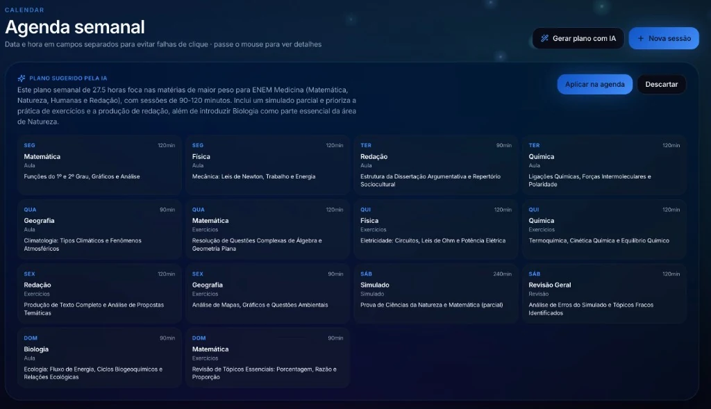 Agenda semanal com plano gerado por IA