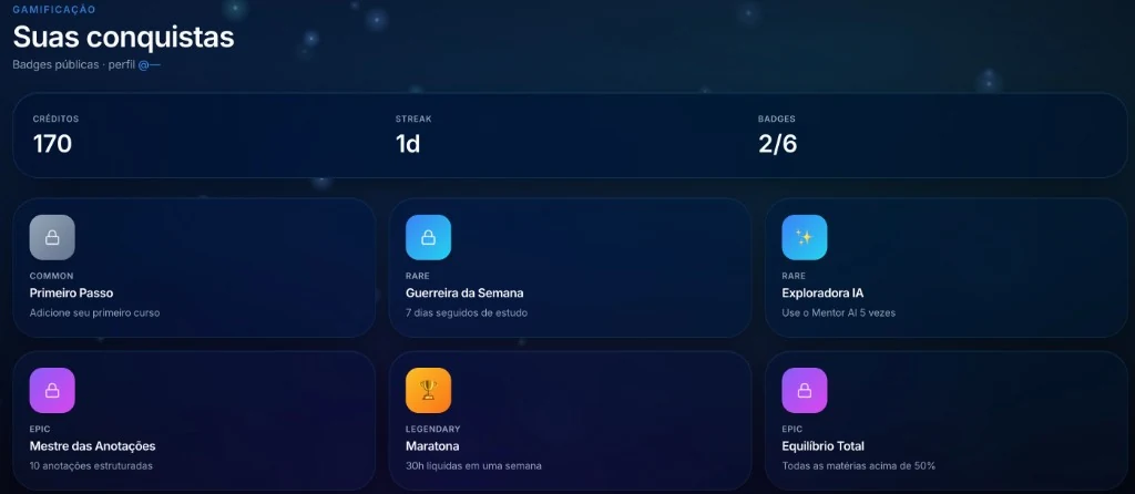 Tela de Conquistas — badges e créditos