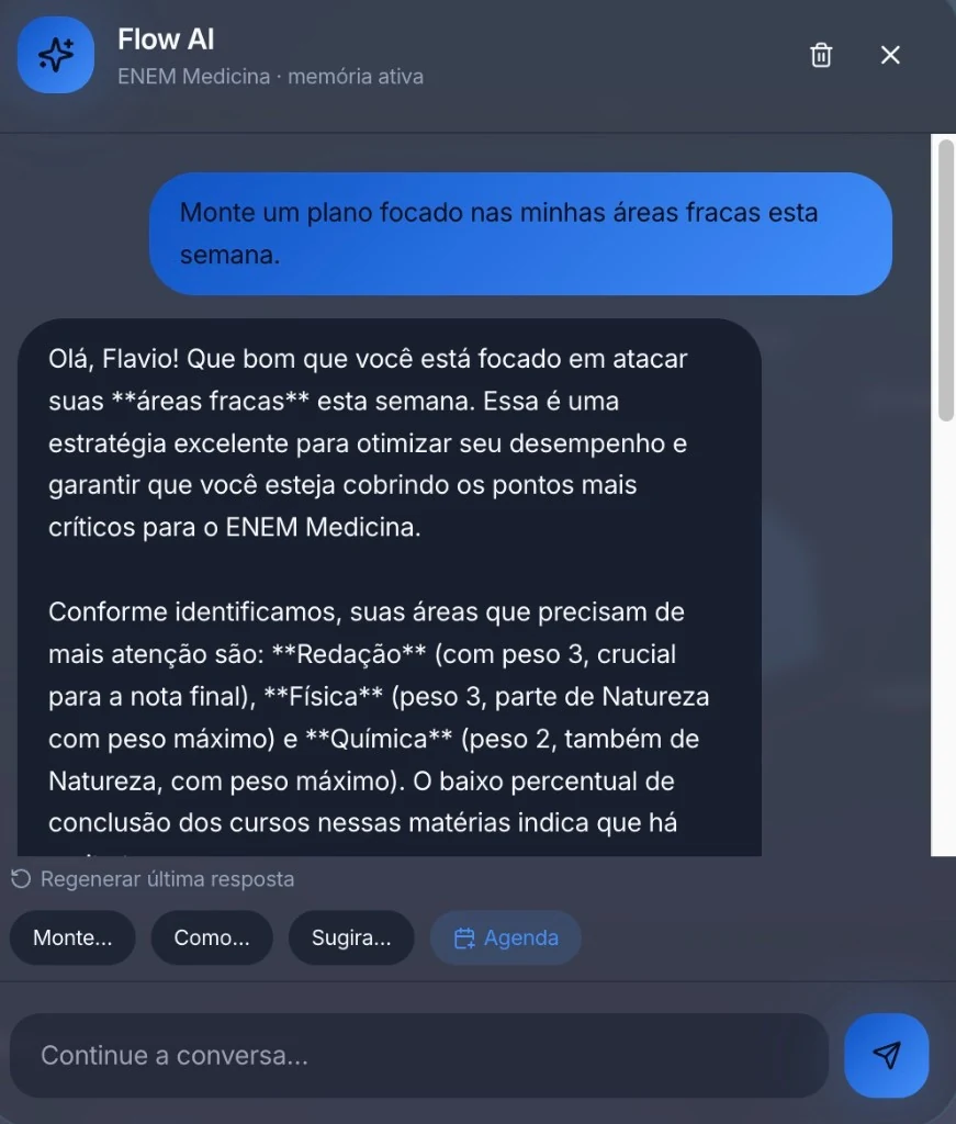 Flow AI analisando áreas fracas e sugerindo um plano