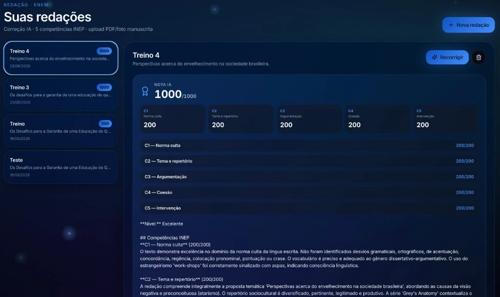 Correção de redação por IA com nota por competência